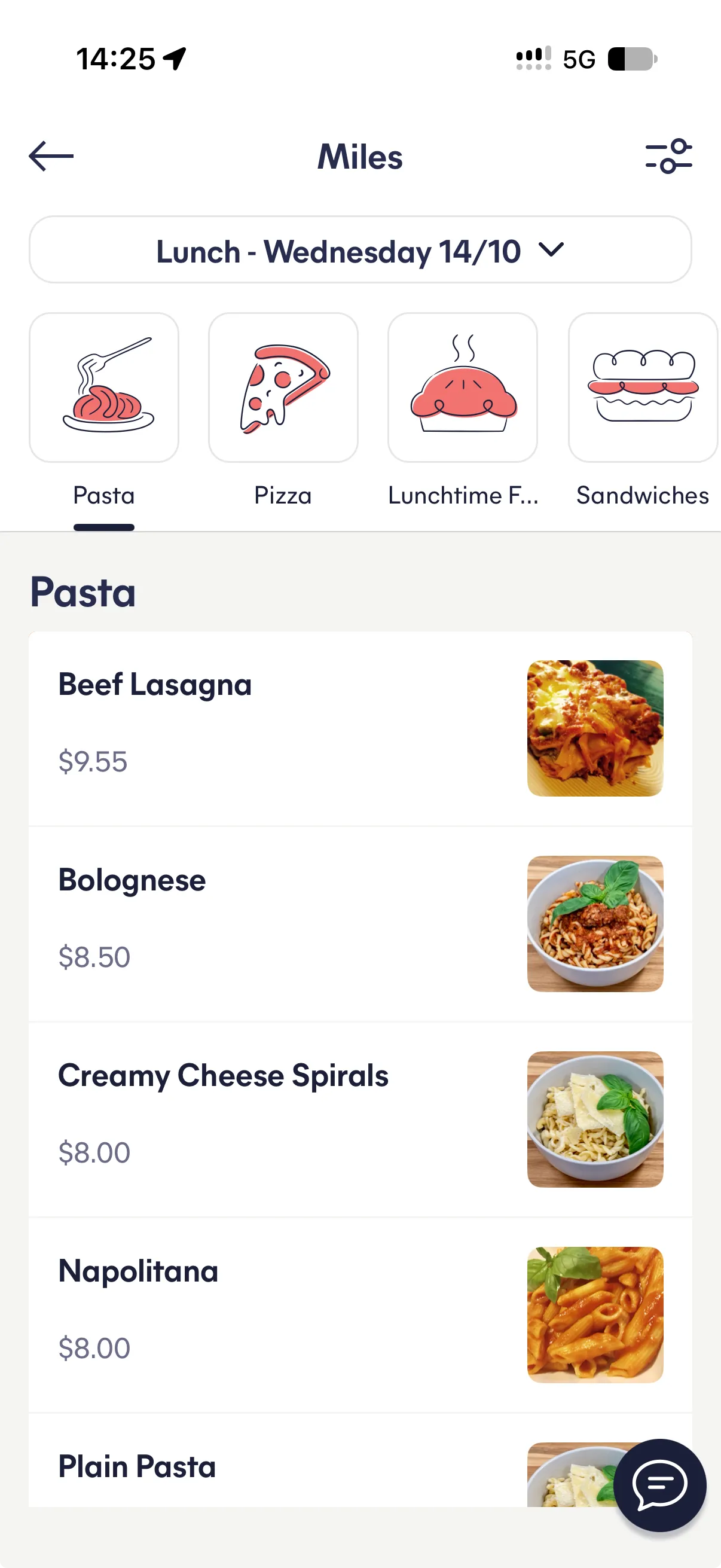 The Spriggy Schools app showing a lunch menu for Wednesday, with pasta dishes and prices